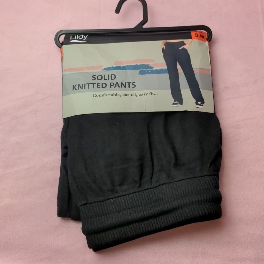 Lildy Black Solid Knitted Lounge Pants with Pockets Size Small/Medium